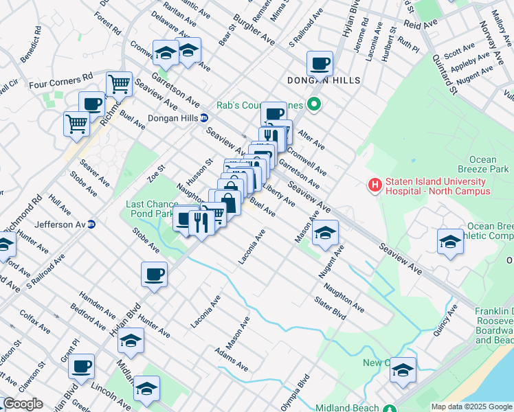 map of restaurants, bars, coffee shops, grocery stores, and more near 319 Dongan Hills Avenue in Staten Island