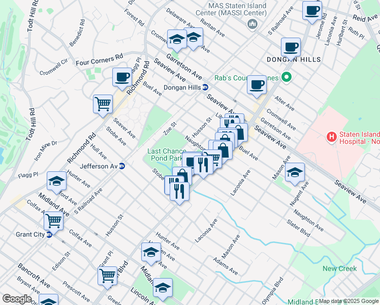 map of restaurants, bars, coffee shops, grocery stores, and more near 225 Seaver Avenue in Staten Island