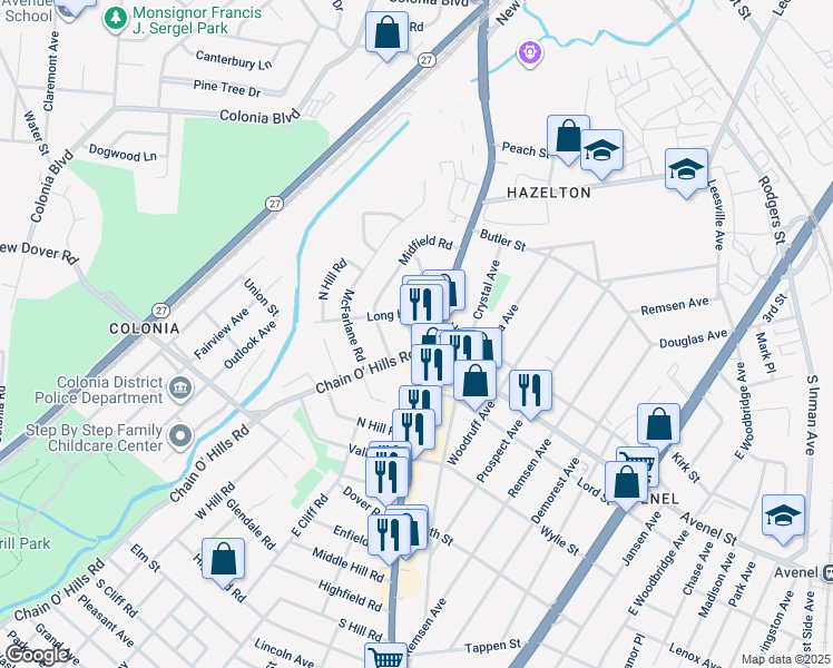 map of restaurants, bars, coffee shops, grocery stores, and more near 1303 New Jersey 35 in Woodbridge Township