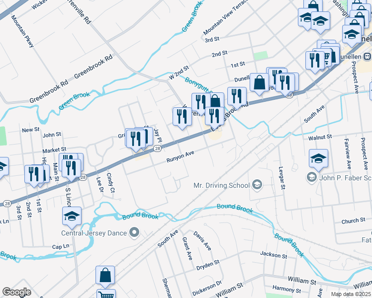 map of restaurants, bars, coffee shops, grocery stores, and more near 230 Runyon Avenue in Middlesex