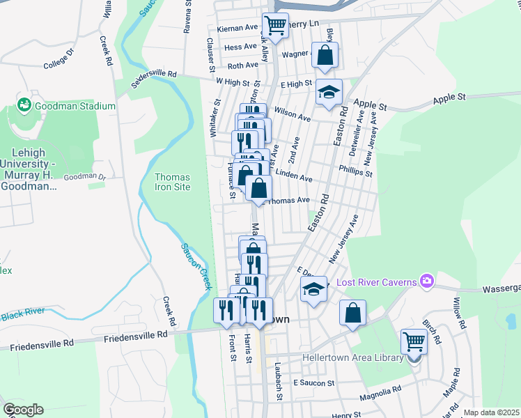 map of restaurants, bars, coffee shops, grocery stores, and more near 1052 1st Avenue in Hellertown