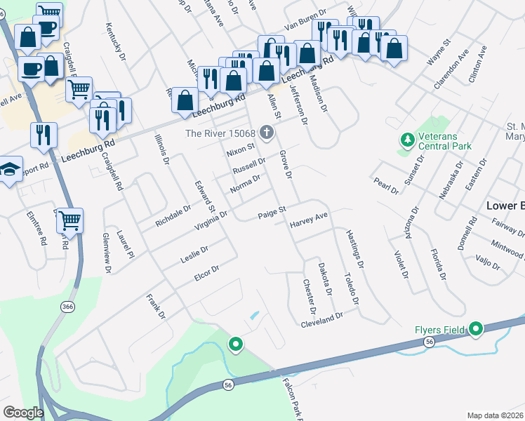 map of restaurants, bars, coffee shops, grocery stores, and more near 2636 Paige Street in New Kensington