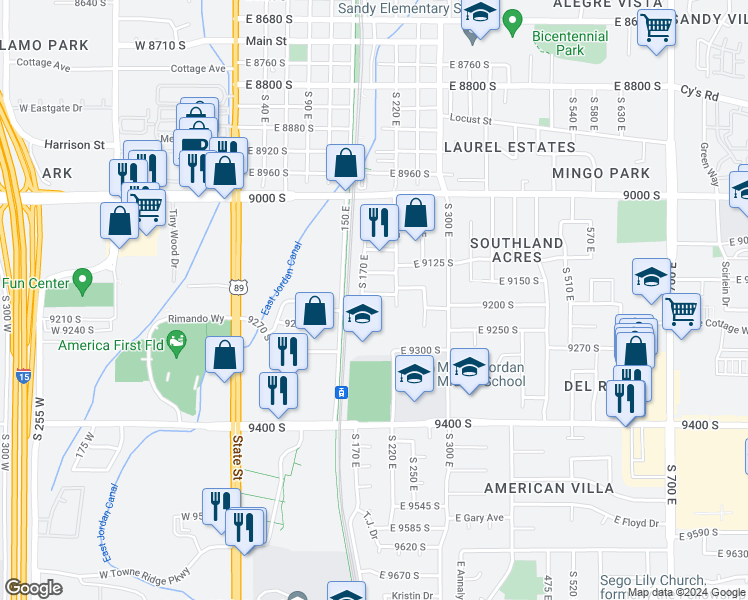 map of restaurants, bars, coffee shops, grocery stores, and more near 186 East 9180 South in Sandy