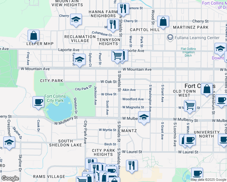map of restaurants, bars, coffee shops, grocery stores, and more near 223 South Shields Street in Fort Collins