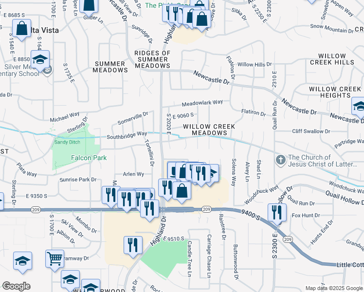 map of restaurants, bars, coffee shops, grocery stores, and more near 11350 Granville Circle in Sandy