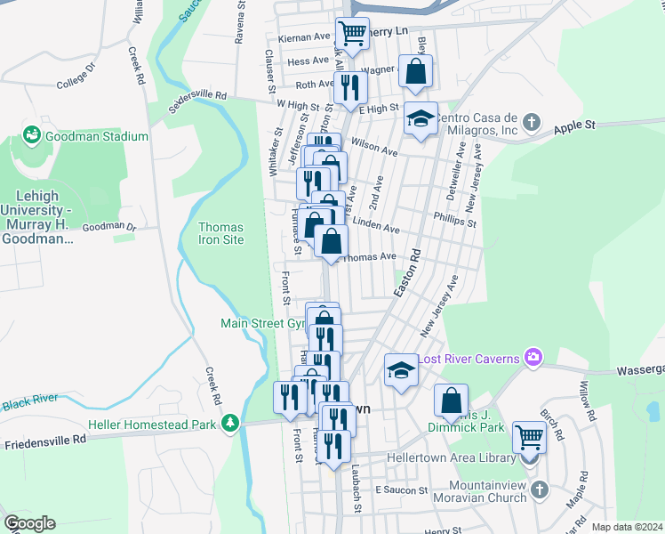 map of restaurants, bars, coffee shops, grocery stores, and more near 1083 Main Street in Hellertown