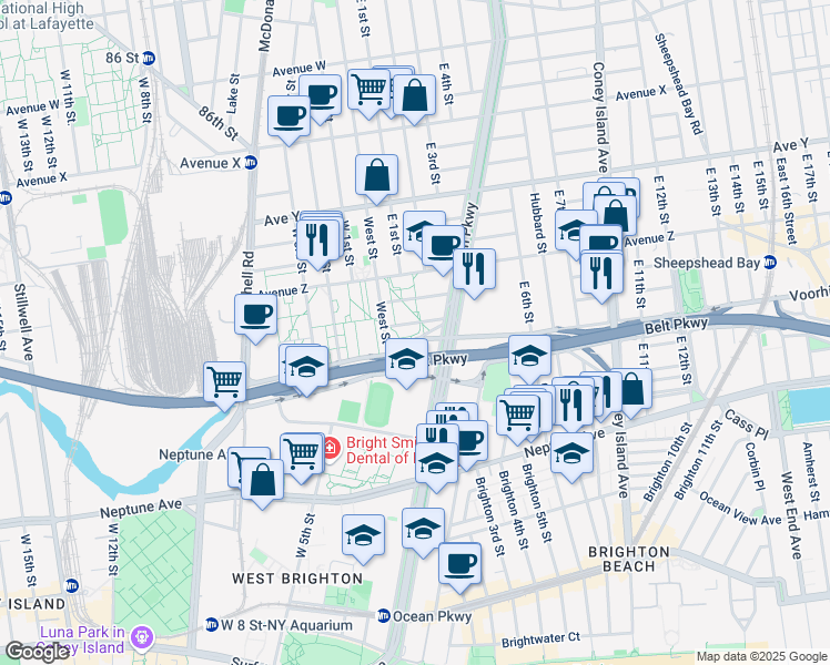 map of restaurants, bars, coffee shops, grocery stores, and more near 2615 Shore Parkway in Brooklyn