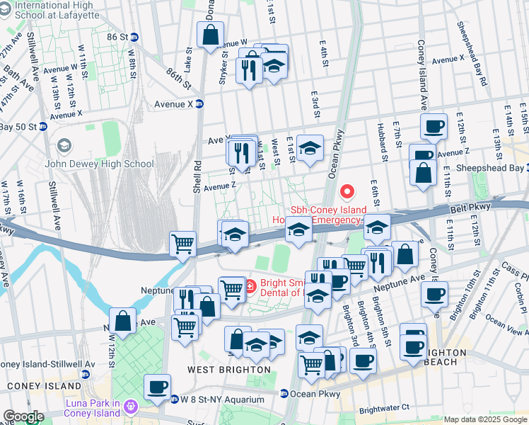 map of restaurants, bars, coffee shops, grocery stores, and more near 2661 West 2nd Street in Brooklyn