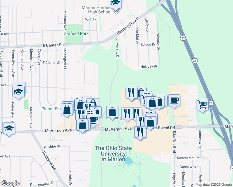 map of restaurants, bars, coffee shops, grocery stores, and more near 258 University Drive in Marion