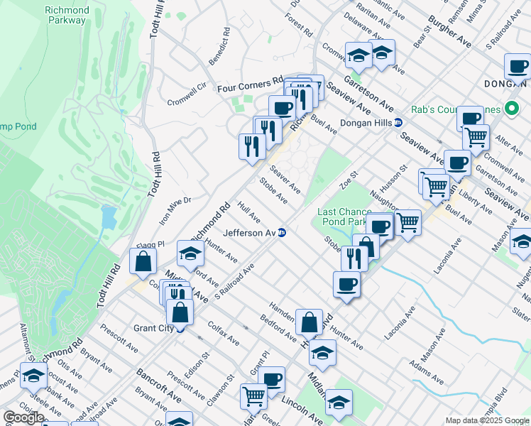 map of restaurants, bars, coffee shops, grocery stores, and more near 50 Hull Avenue in Staten Island