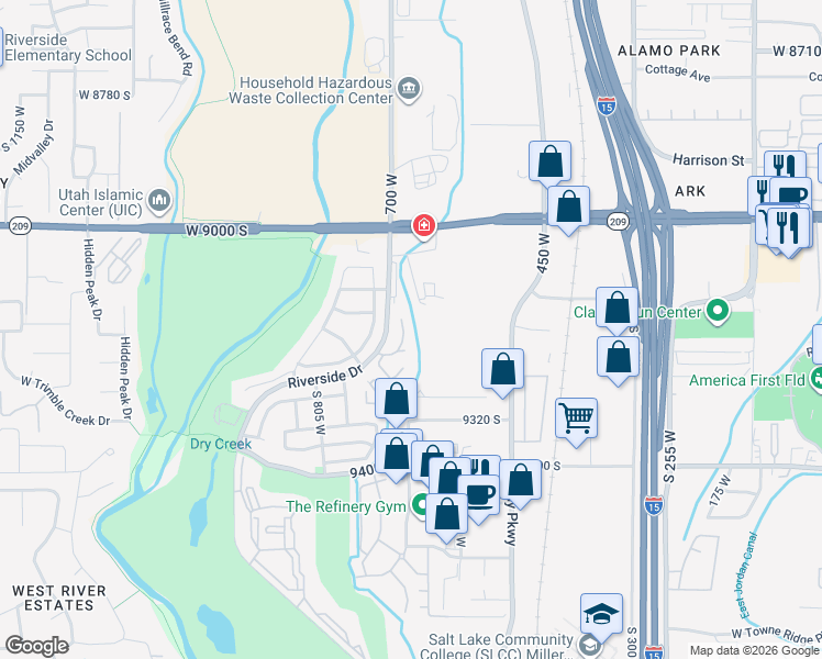 map of restaurants, bars, coffee shops, grocery stores, and more near 9153 South Jefferson Place in Sandy