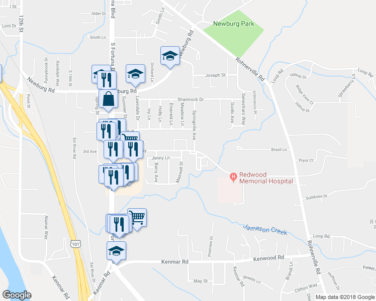 map of restaurants, bars, coffee shops, grocery stores, and more near 2026 Redwood Way in Fortuna
