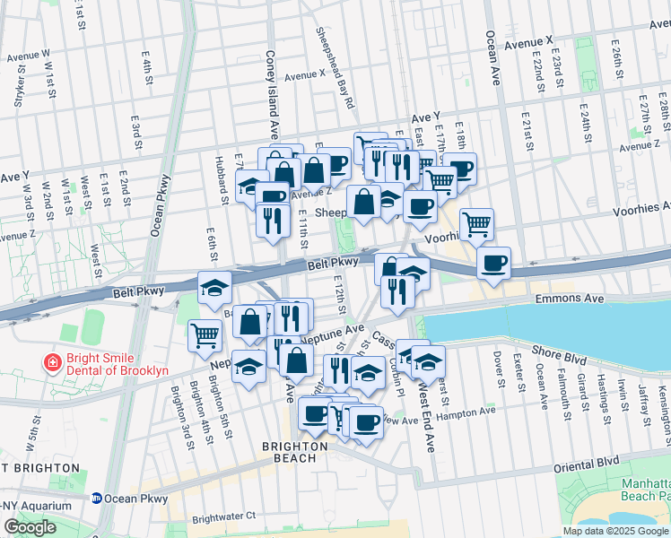 map of restaurants, bars, coffee shops, grocery stores, and more near 2757 East 12th Street in Brooklyn