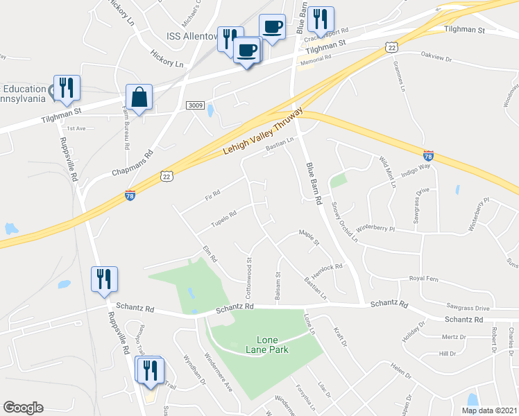 map of restaurants, bars, coffee shops, grocery stores, and more near 314 Tupelo Court in Allentown