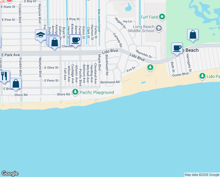map of restaurants, bars, coffee shops, grocery stores, and more near 2 Richmond Road in Lido Beach