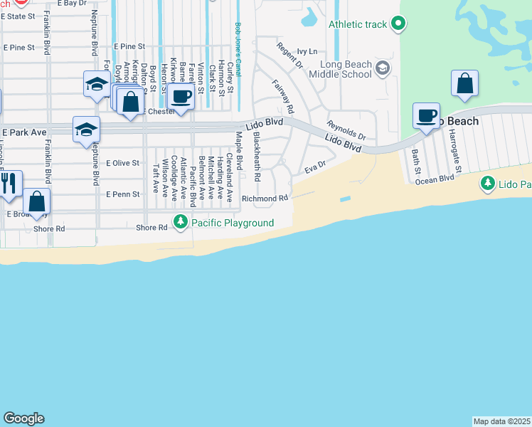 map of restaurants, bars, coffee shops, grocery stores, and more near 2 Richmond Road in Lido Beach