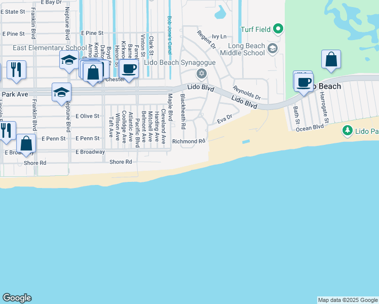 map of restaurants, bars, coffee shops, grocery stores, and more near 2 Richmond Road in Lido Beach