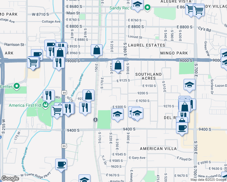 map of restaurants, bars, coffee shops, grocery stores, and more near 9191 South 220 East in Sandy