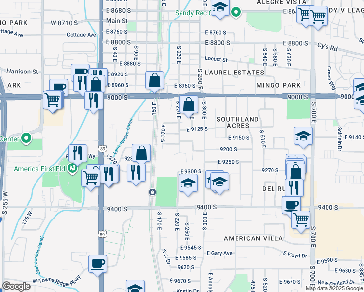 map of restaurants, bars, coffee shops, grocery stores, and more near 9191 South 220 East in Sandy