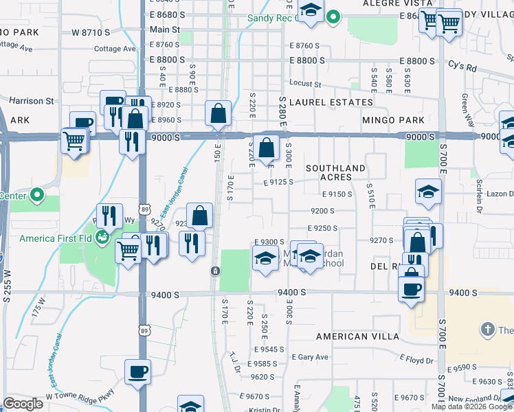 map of restaurants, bars, coffee shops, grocery stores, and more near 9191 South 220 East in Sandy