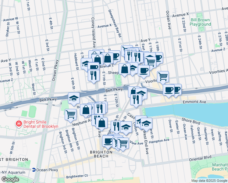map of restaurants, bars, coffee shops, grocery stores, and more near 2785 East 12th Street in Brooklyn