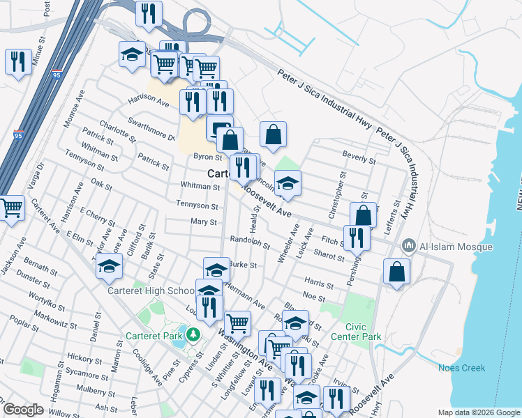 map of restaurants, bars, coffee shops, grocery stores, and more near in Carteret