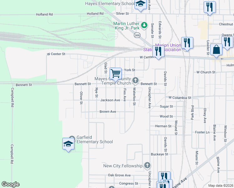 map of restaurants, bars, coffee shops, grocery stores, and more near 879 Bennett Street in Marion