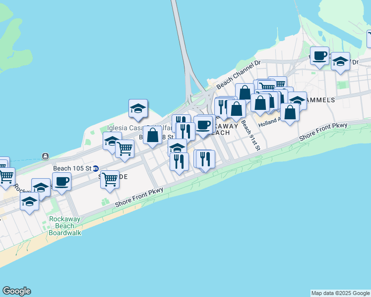 map of restaurants, bars, coffee shops, grocery stores, and more near 9710 Rockaway Beach Boulevard in Queens