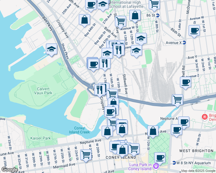 map of restaurants, bars, coffee shops, grocery stores, and more near 2551 West 17th Street in Brooklyn