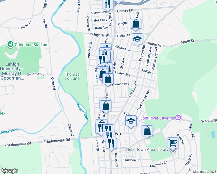 map of restaurants, bars, coffee shops, grocery stores, and more near 1085 Main Street in Hellertown