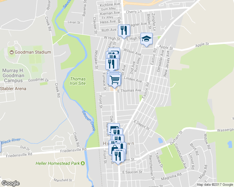map of restaurants, bars, coffee shops, grocery stores, and more near 1085 Main Street in Hellertown