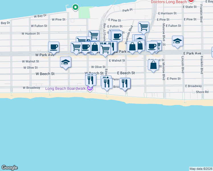 map of restaurants, bars, coffee shops, grocery stores, and more near 18 East Penn Street in Long Beach