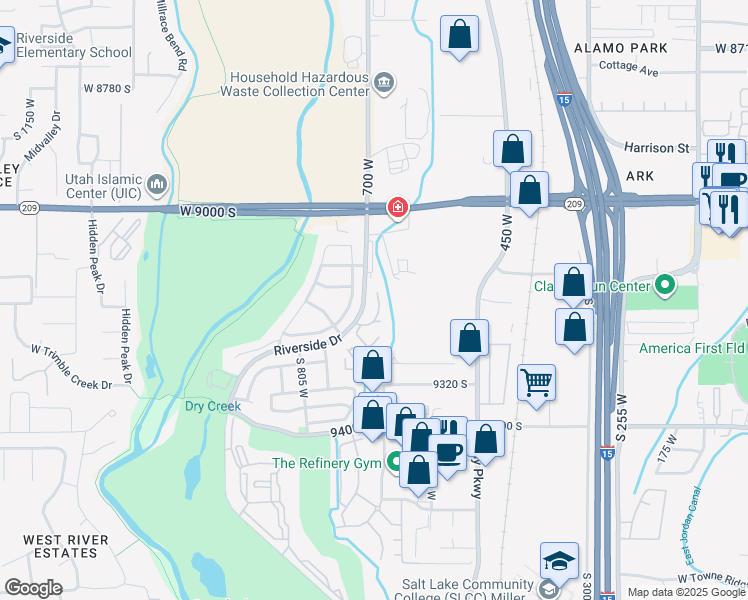 map of restaurants, bars, coffee shops, grocery stores, and more near 9144 South Jefferson Place in Sandy