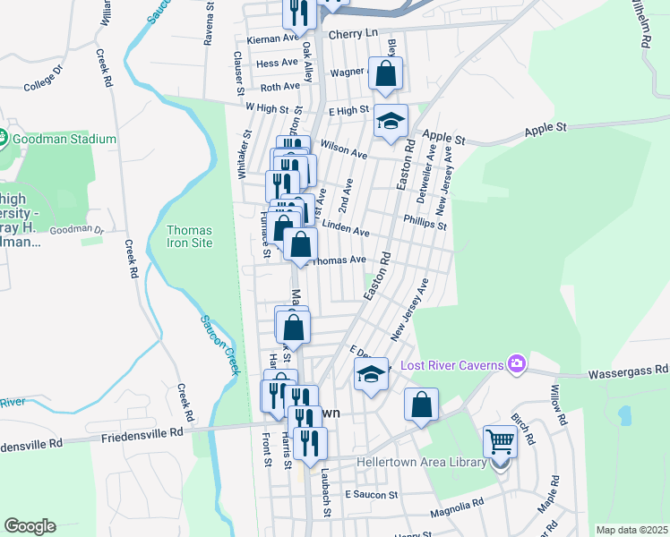 map of restaurants, bars, coffee shops, grocery stores, and more near 1082 2nd Avenue in Hellertown