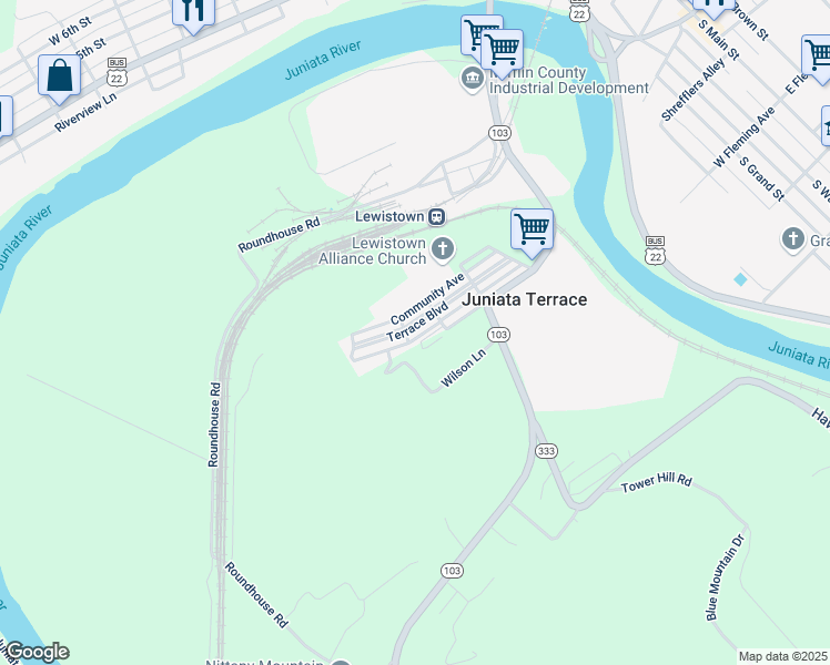 map of restaurants, bars, coffee shops, grocery stores, and more near 229 Terrace Boulevard in Lewistown