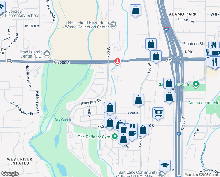 map of restaurants, bars, coffee shops, grocery stores, and more near 9095 Club Oaks Drive in Sandy
