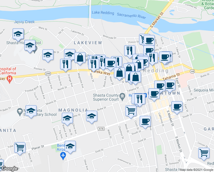 map of restaurants, bars, coffee shops, grocery stores, and more near 1860 Eureka Way in Redding