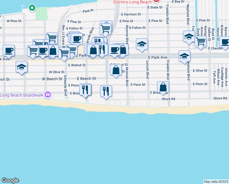 map of restaurants, bars, coffee shops, grocery stores, and more near 214 East Penn Street in Long Beach