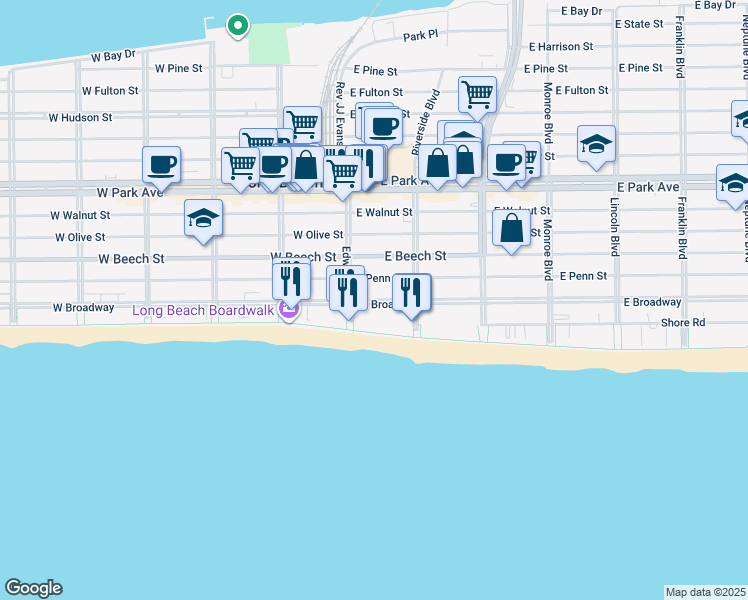 map of restaurants, bars, coffee shops, grocery stores, and more near 18 East Penn Street in Long Beach