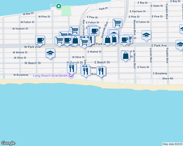 map of restaurants, bars, coffee shops, grocery stores, and more near 18 East Penn Street in Long Beach