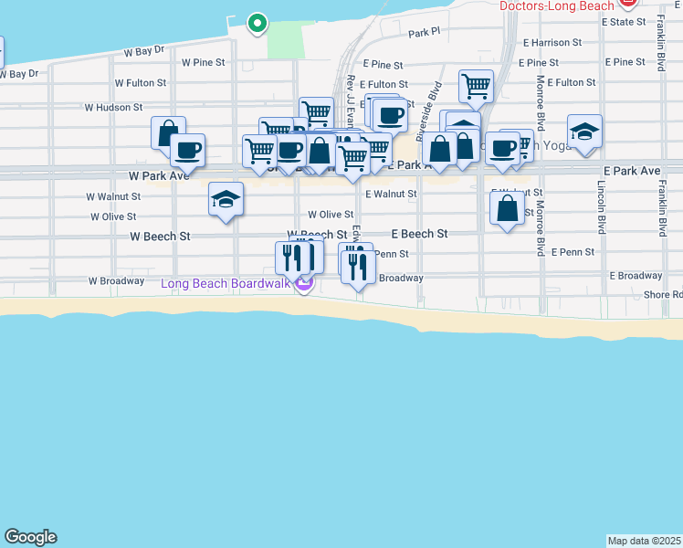 map of restaurants, bars, coffee shops, grocery stores, and more near 27 West Penn Street in Long Beach