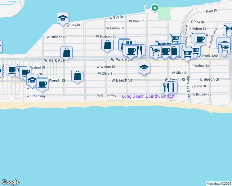 map of restaurants, bars, coffee shops, grocery stores, and more near 339 West Penn Street in Long Beach