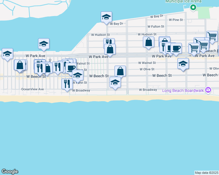 map of restaurants, bars, coffee shops, grocery stores, and more near 153 Lindell Boulevard in Long Beach