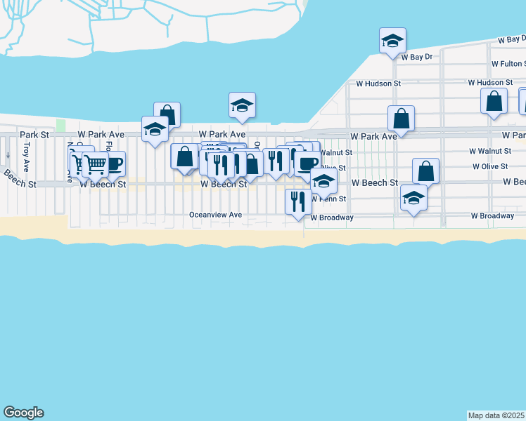map of restaurants, bars, coffee shops, grocery stores, and more near 44 Arizona Avenue in Long Beach