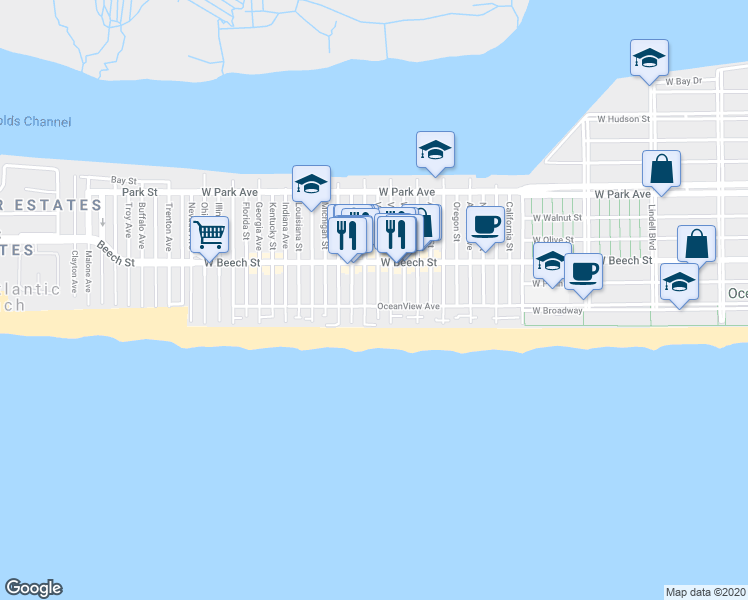 map of restaurants, bars, coffee shops, grocery stores, and more near 44 Tennessee Avenue in Long Beach