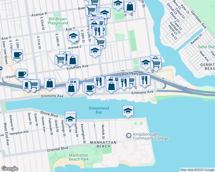 map of restaurants, bars, coffee shops, grocery stores, and more near 3730 Shore Parkway in Brooklyn
