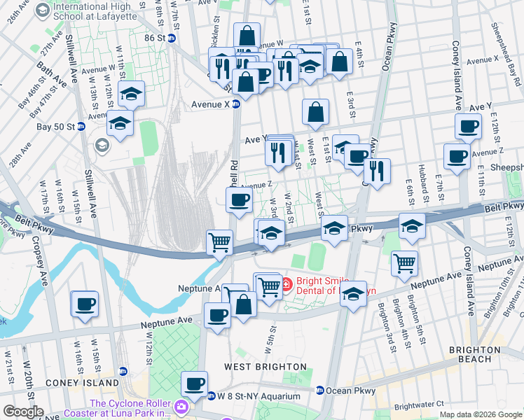 map of restaurants, bars, coffee shops, grocery stores, and more near 67 Atwater Court in Brooklyn