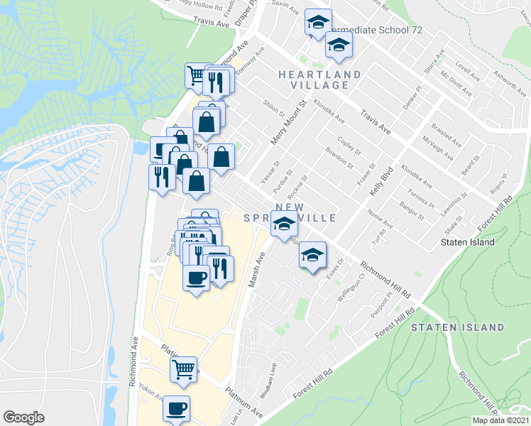 map of restaurants, bars, coffee shops, grocery stores, and more near 200 Richmond Hill Road in Staten Island