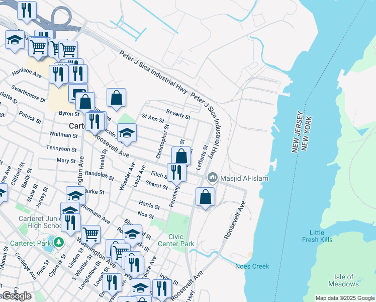 map of restaurants, bars, coffee shops, grocery stores, and more near 53 John Street in Carteret