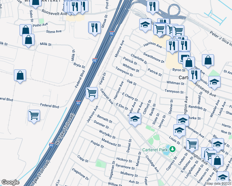 map of restaurants, bars, coffee shops, grocery stores, and more near 230 East Cherry Street in Carteret